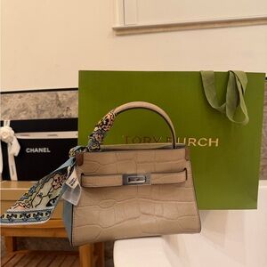Tory Burch Beige Croc-Embossed Top-Handle Bag with Blue Accent Scarf